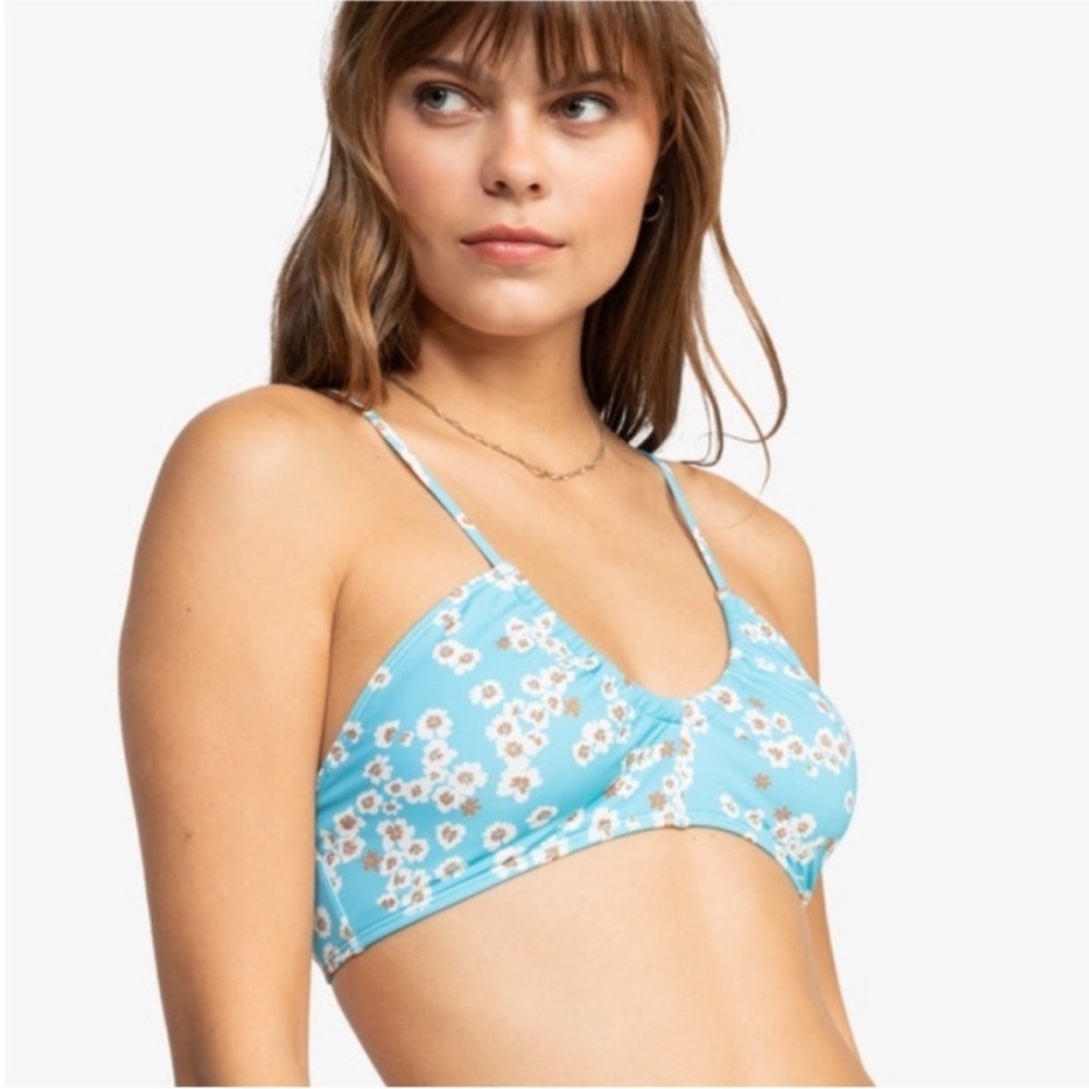 Roxy Floral Bikini Top Bralette Daisy Scoop Neck Swimsuit White Blue Size Large